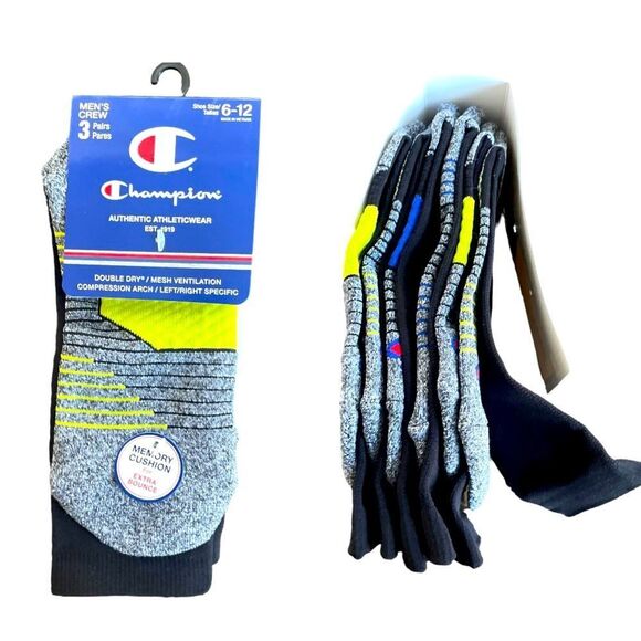 Champion men’s 3 pairs crew socks memory cushioned New size 6-12 - Picture 1 of 7